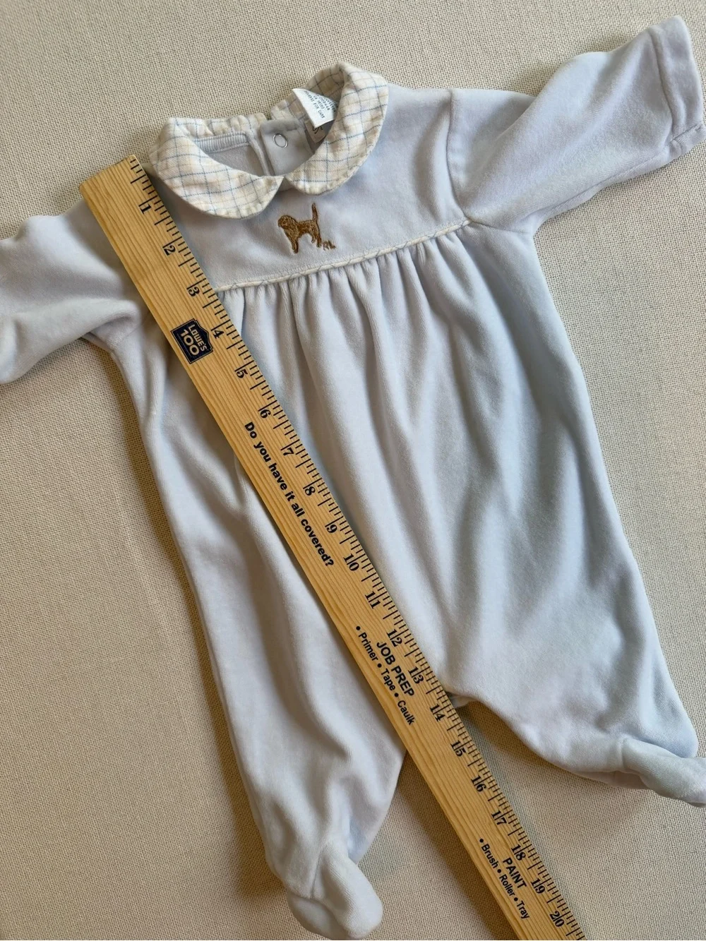 Ralph Lauren Velour Embroidered Dog Plaid Collar Footed Coverall 3M